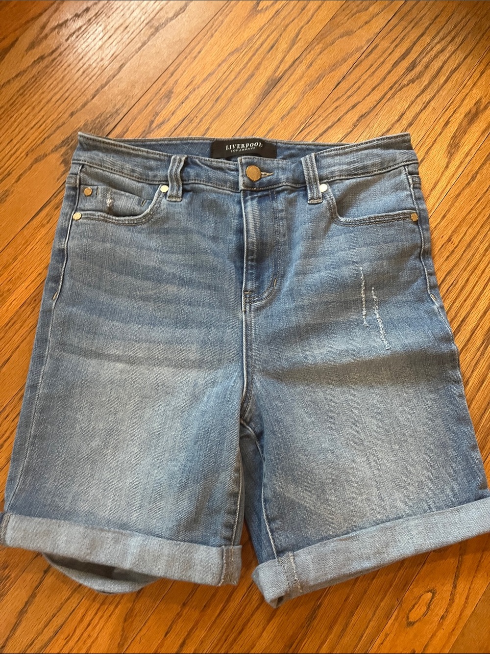 Liverpool Rolled-Hem Denim Bermudas in Light Blue